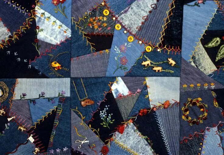 Пэчворк джинса фото Detail, "True Blue Crazy Quilt" by Diane Herbort, made from blue jeans Crazy qui