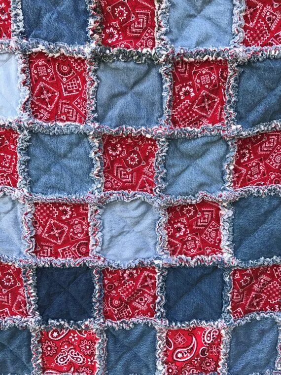 Пэчворк джинса фото Upcycled Denim and Bandana Fabric Rag Quilt 60"x70" Twin Lap Throw Denim Flannel