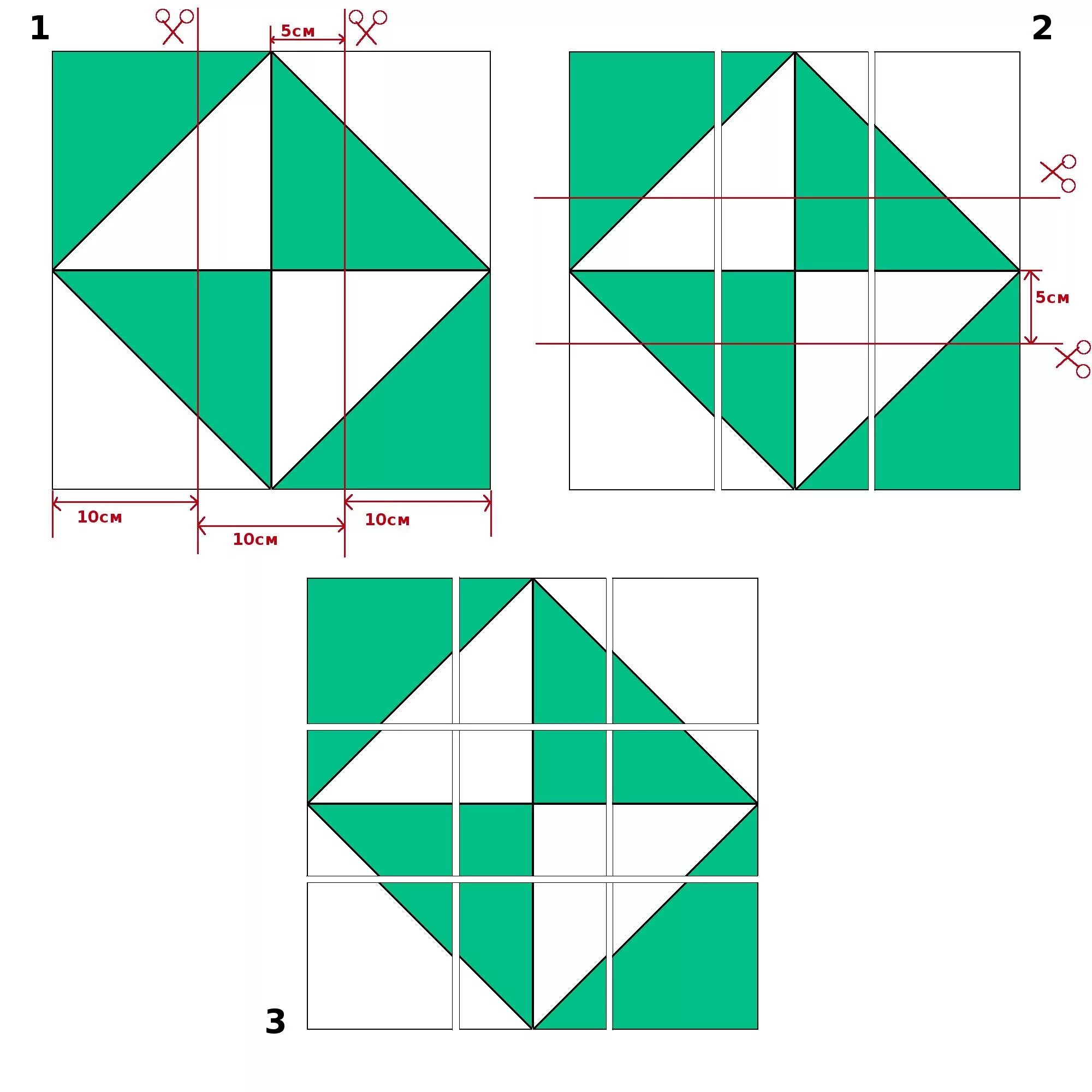 Пэчворк своими руками для начинающих схемы Схема 2: рис.1,2,3 - разделите и разрежьте лоскутный блок на 9 равных квадратов.