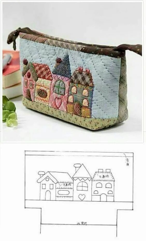 Пэчворк своими руками выкройки Выкройка косметички с домиками Patchwork bags, Bag pattern, Quilted bag