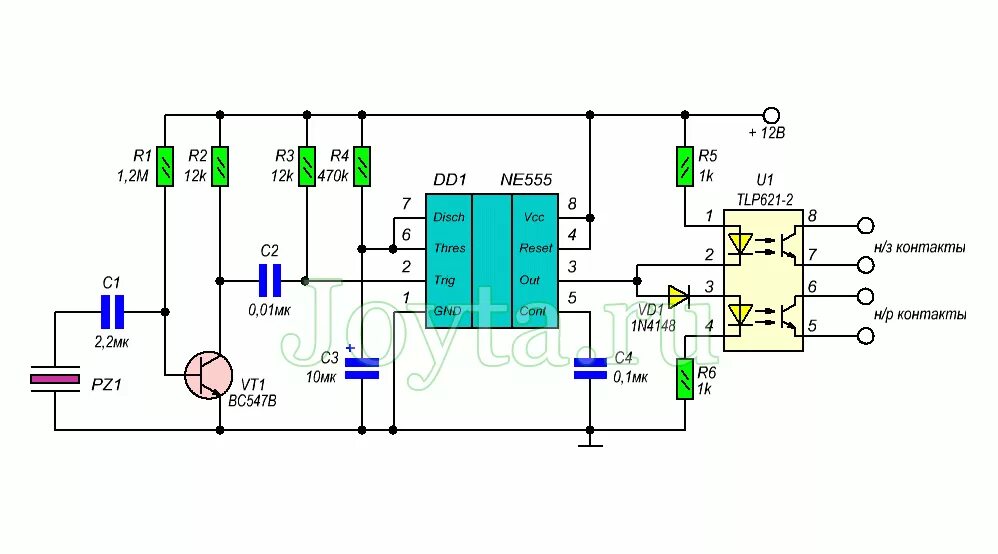 Пьезоэлектрический датчик подключение к ne555 Пьезоэлектрический датчик удара с использованием таймера NE555 joyta.ru