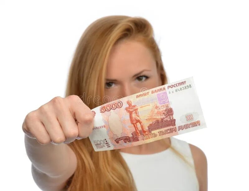 Плачу деньги за фото Woman Holding Up Cash Money Five Thousand Russian Rubles Note in Stock Photo - I