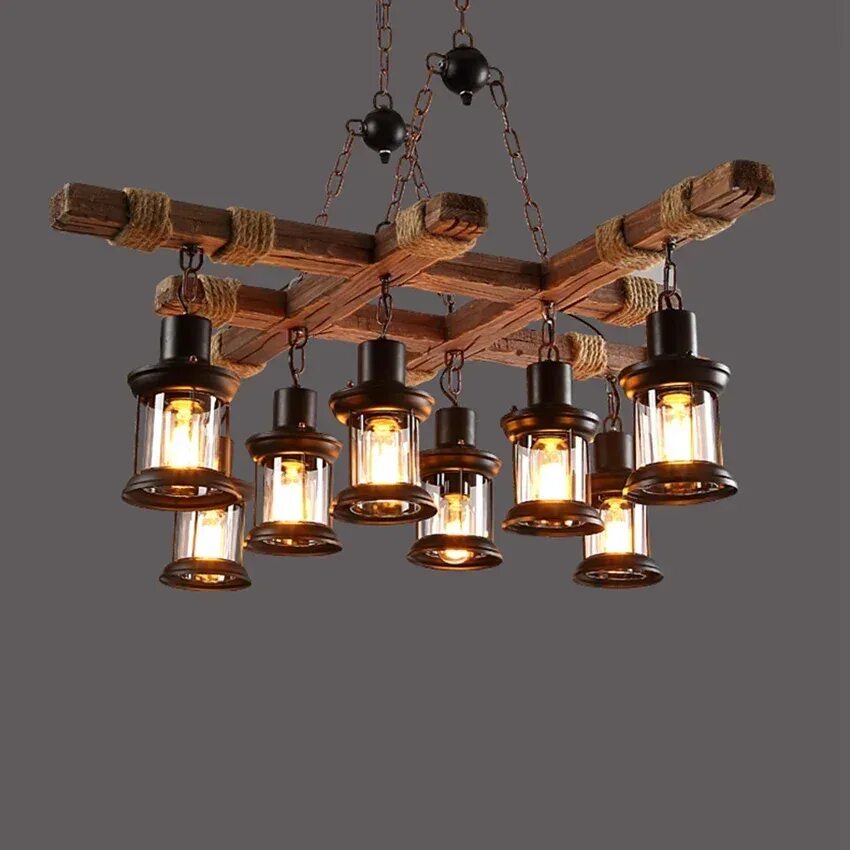 Плафоны люстры в стиле лофт Стеклянная люстра из массива дерева и пеньковой веревки, подвесные светильники в