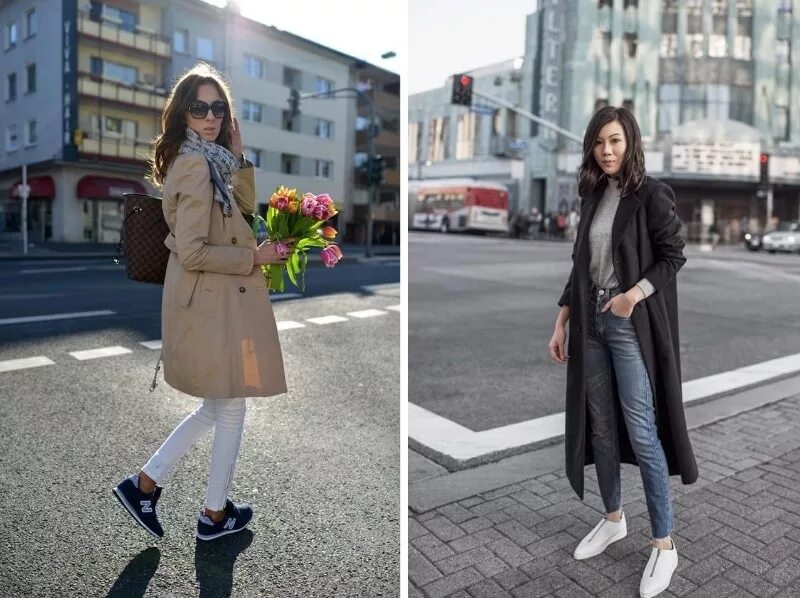 Плащ с джинсами и кроссовками фото женщины Пальто с кроссовками (фото стильных женщин)