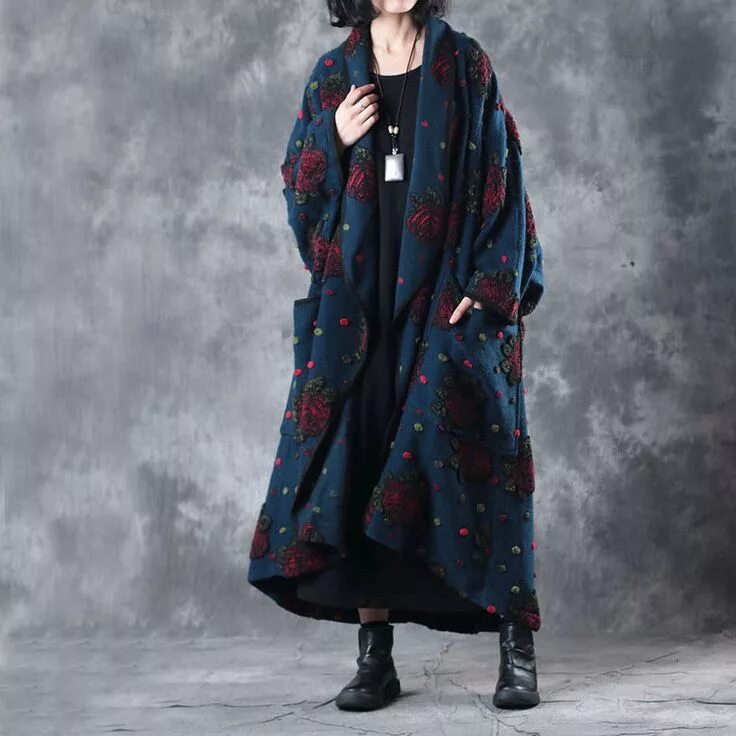 Плащ в стиле бохо женский High-End Flowers Flocking Blue Coat Plus Size Wool Vintage Overcoat #blue #flock