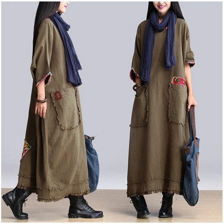 Плащ в стиле бохо женский Art Big Pocket Maxi Size Casual Loose Long Dresses Women Clothes Q2601A Tarz mod