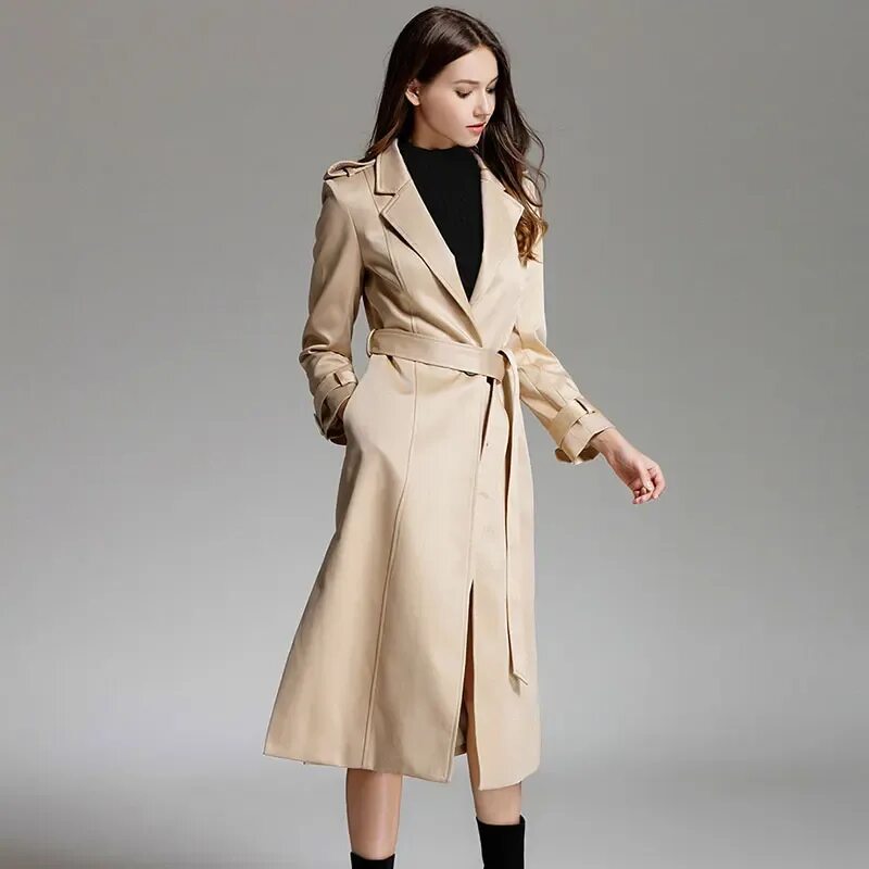Плащи женские 2024 осень фото Женский осенне весенний атласный Тренч цвета хаки, модное уличное пальто, женско
