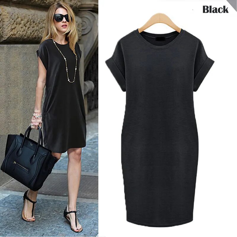 Платье черное прямое фото Summer style short sleeved dress large size women clothing was thin dresses Blac