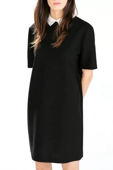 Платье черное прямое фото Black Lapel Short Sleeve Shift Dress - Beautifulhalo.com
