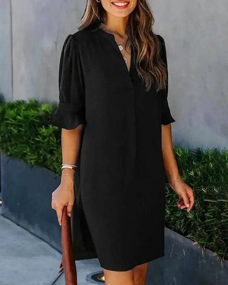 Платье черное прямое фото Olivia Mark - Half Sleeve V-Neck Casual Dress Solid color dress, Casual dress, S