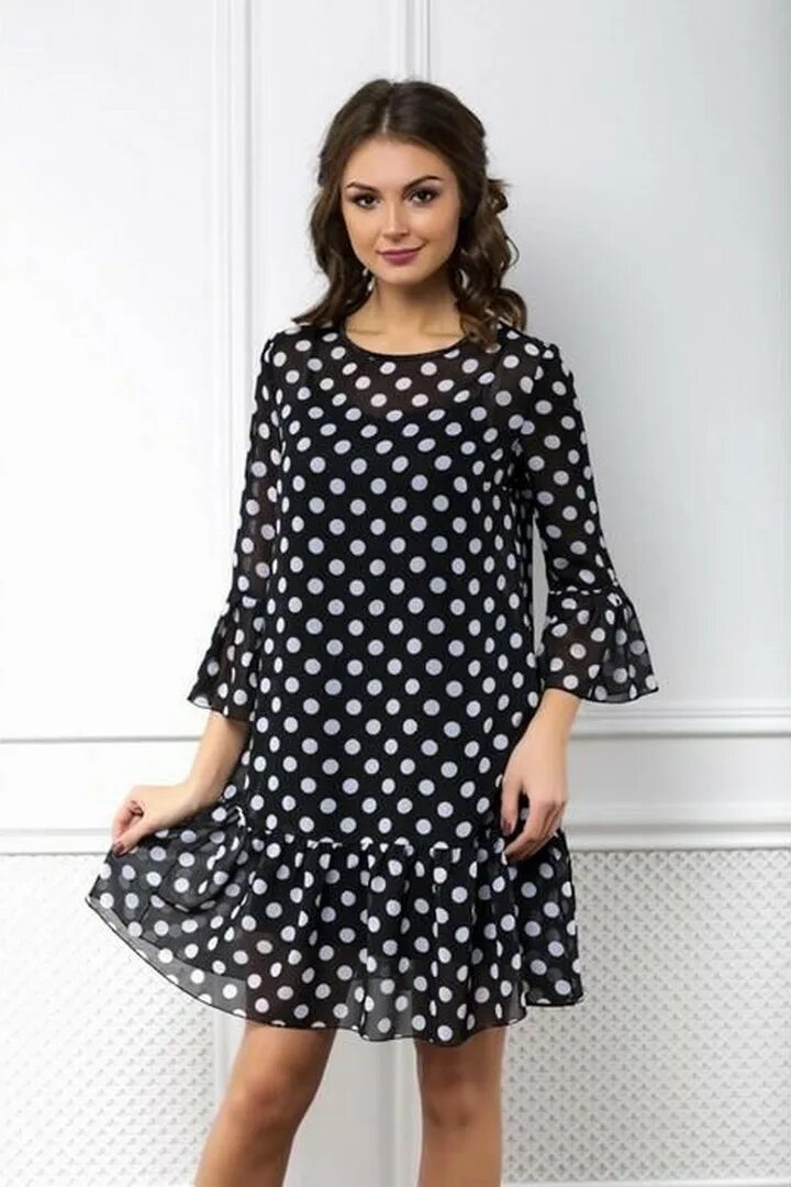 Платье черное в белый горошек фото Купить черное шифоновое платье в белый горох Look Russian в Оренбурге арт. 10457