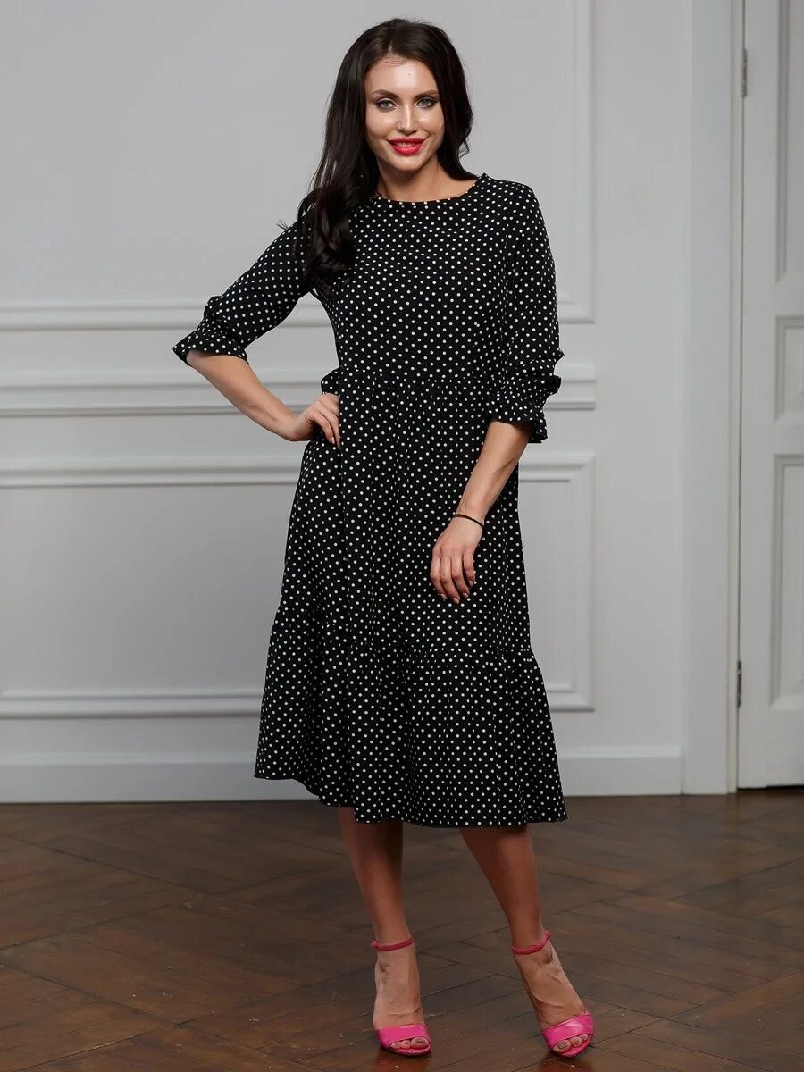 Платье черное в белый горошек фото Платье женское вечернее повседневное осень Look Russian 17010173 купить за 1379 