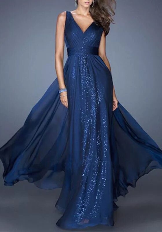 Платье фото новые модели Blue Sequin Bridesmaid Prom Evening Party V-neck Party Chiffon Maxi Dress A line
