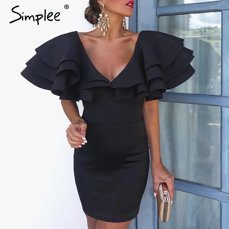 Платье фото в домашних условиях Simplee Sexy ruffled party dress women Elegant v neck bodycon black mini dresses