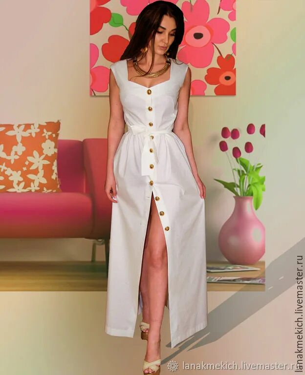 Платье халат фото Платье белое с золотыми пуговицами "Свежий бриз" в интернет-магазине на Ярмарке 