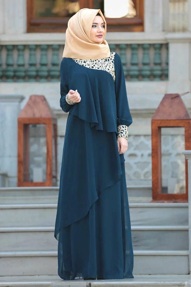 Платье хиджаб фото EVENING DRESS - LACE DETAIL PETROL BLUE HIJAB DRESS - 25612PM Muslimah fashion o