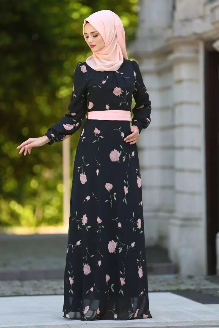 Платье хиджаб фото 2018 New Season Daily Dress - DAILY DRESS - FLOWER PATTERNED BLACK HIJAB DRESS 7