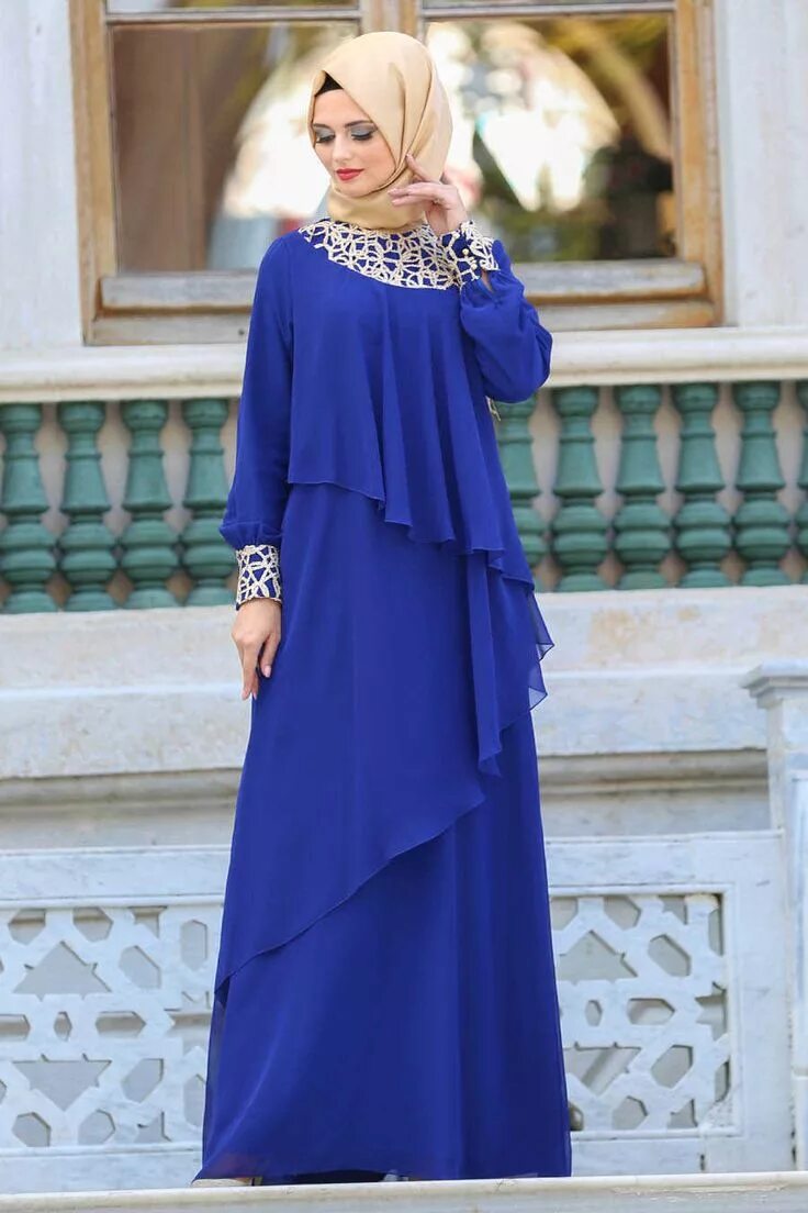 Платье хиджаб фото EVENING DRESS - LACE DETAIL SAX BLUE HIJAB DRESS - 25612SX The dress, Akşamüstü 