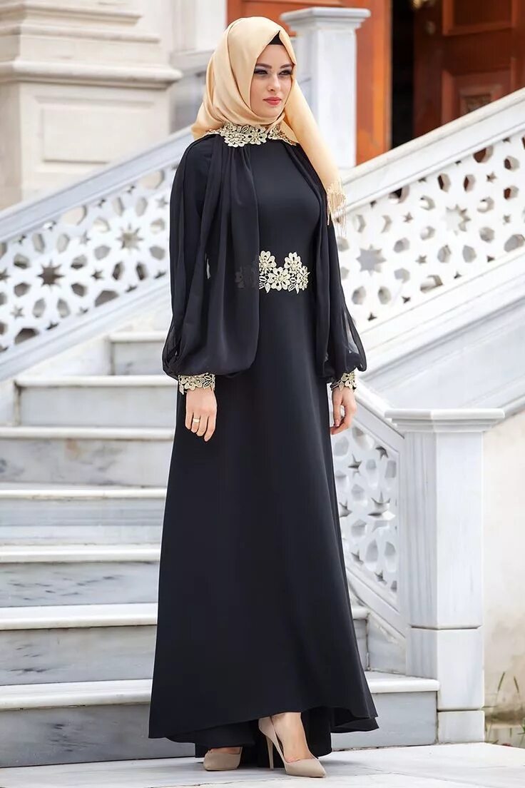 Платье хиджаб фото Puane Puane - Çiçek Detaylı Siyah Abiye Elbise Tesettür bayan giyimde elbise, fe