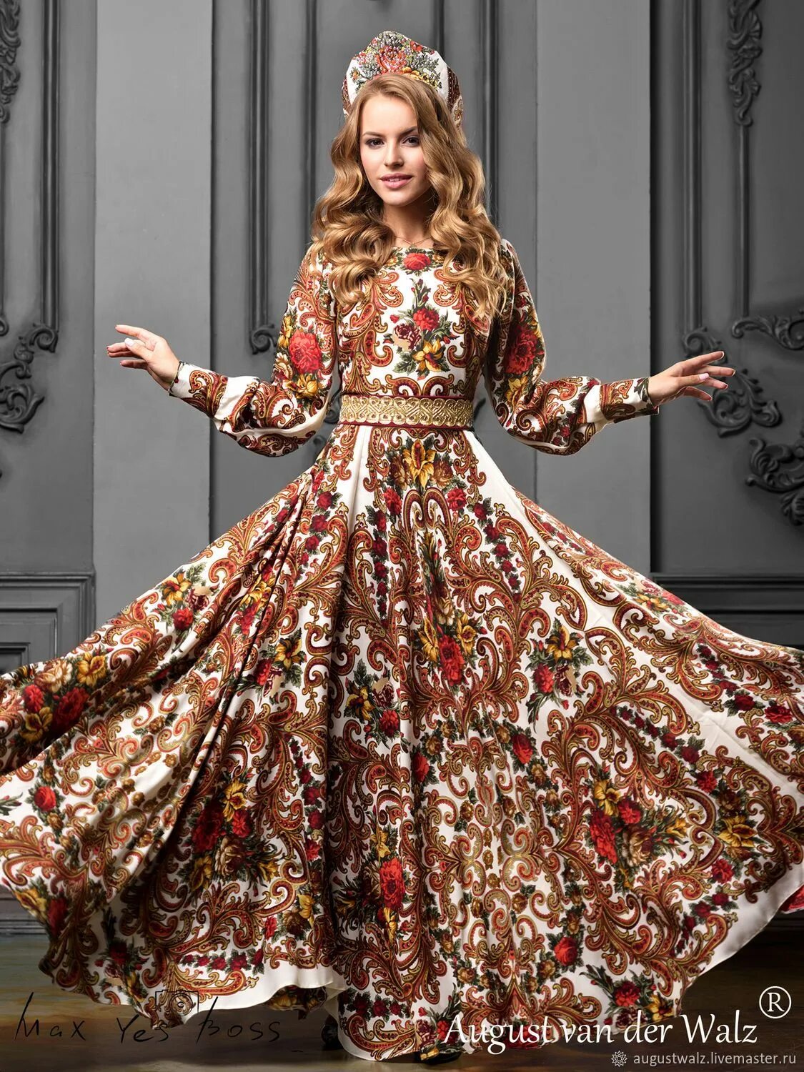 Платье хохлома женское в стиле "Bouquets de Fleur" Платье из платков в стиле А-ля Русс в интернет-магазине на Я