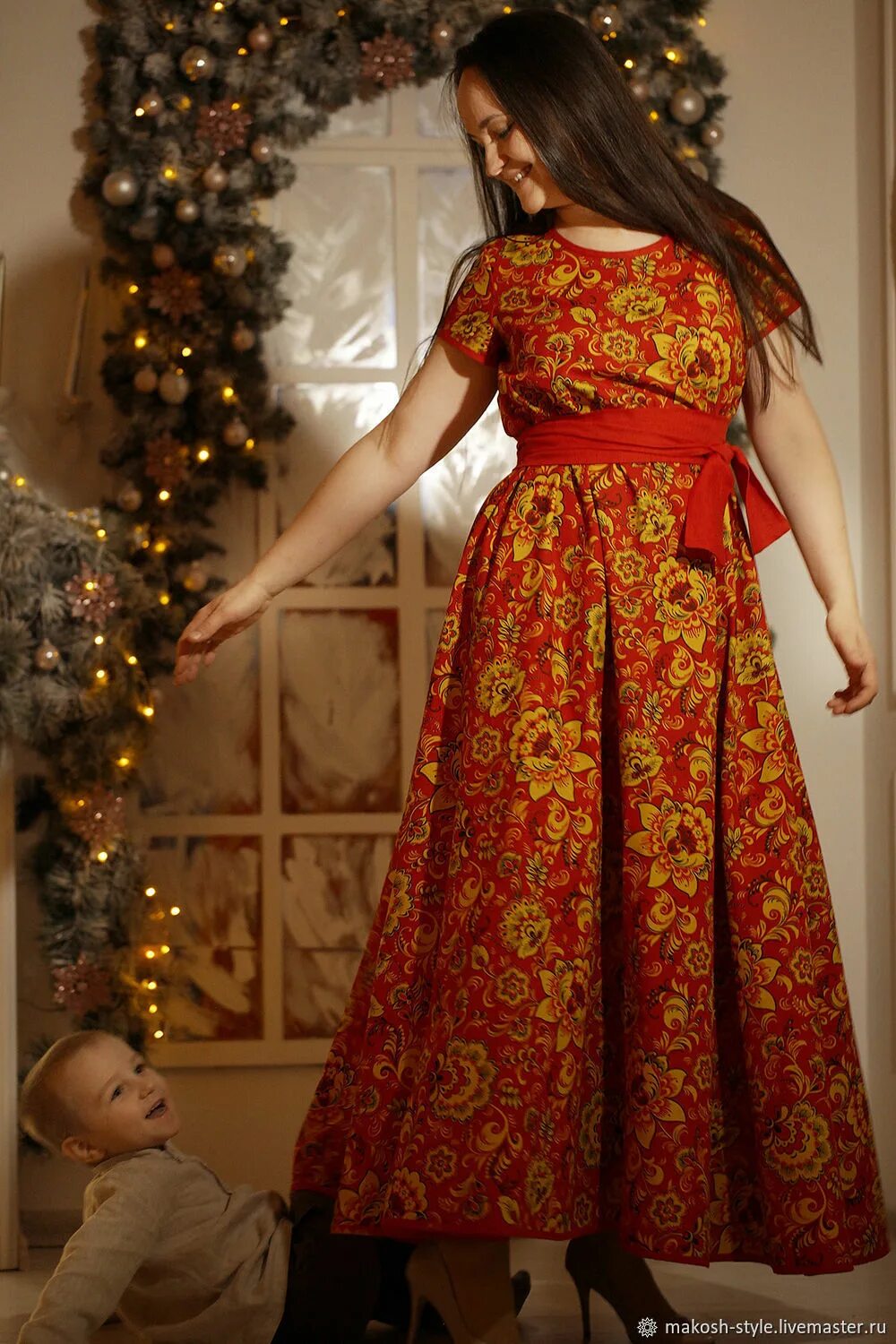 Платье хохлома женское в стиле Нарядное яркое платье в пол "Хохлома" в интернет-магазине Ярмарка Мастеров по це