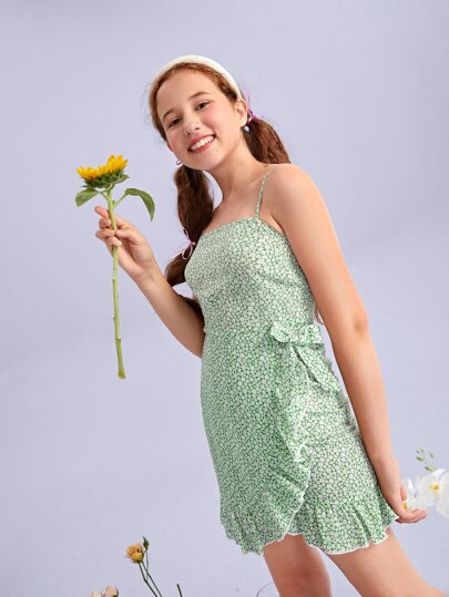 Платье подростки фото SHEIN для девочек-подростков Платье на бретелях с цветочным принтом с узлом с об