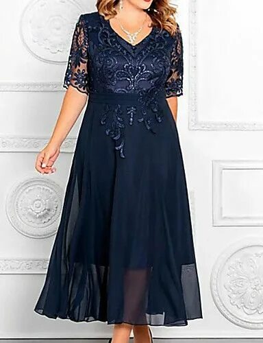 Платье праздничные для женщин фото A-Line Mother of the Bride Dress Elegant Plus Size V Neck Ankle Length Chiffon S