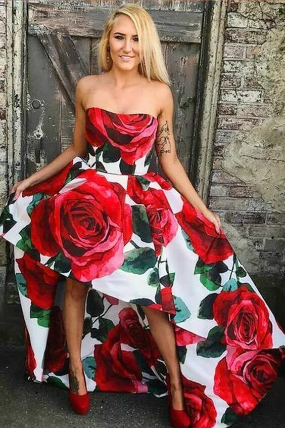 Платье роза фото Sweetheart High Low Red Rose Floral Print Strapless Prom Dress CR 7237 in 2020 R