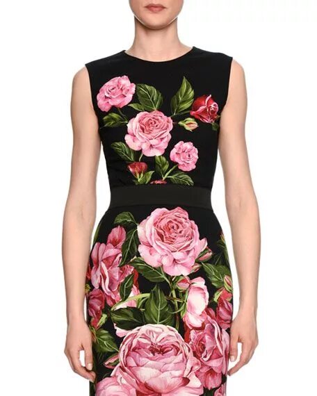 Платье роза фото Dolce & Gabbana Rose-Print Crewneck Shell, Black/Rose Pink Fashion, Glamour fash