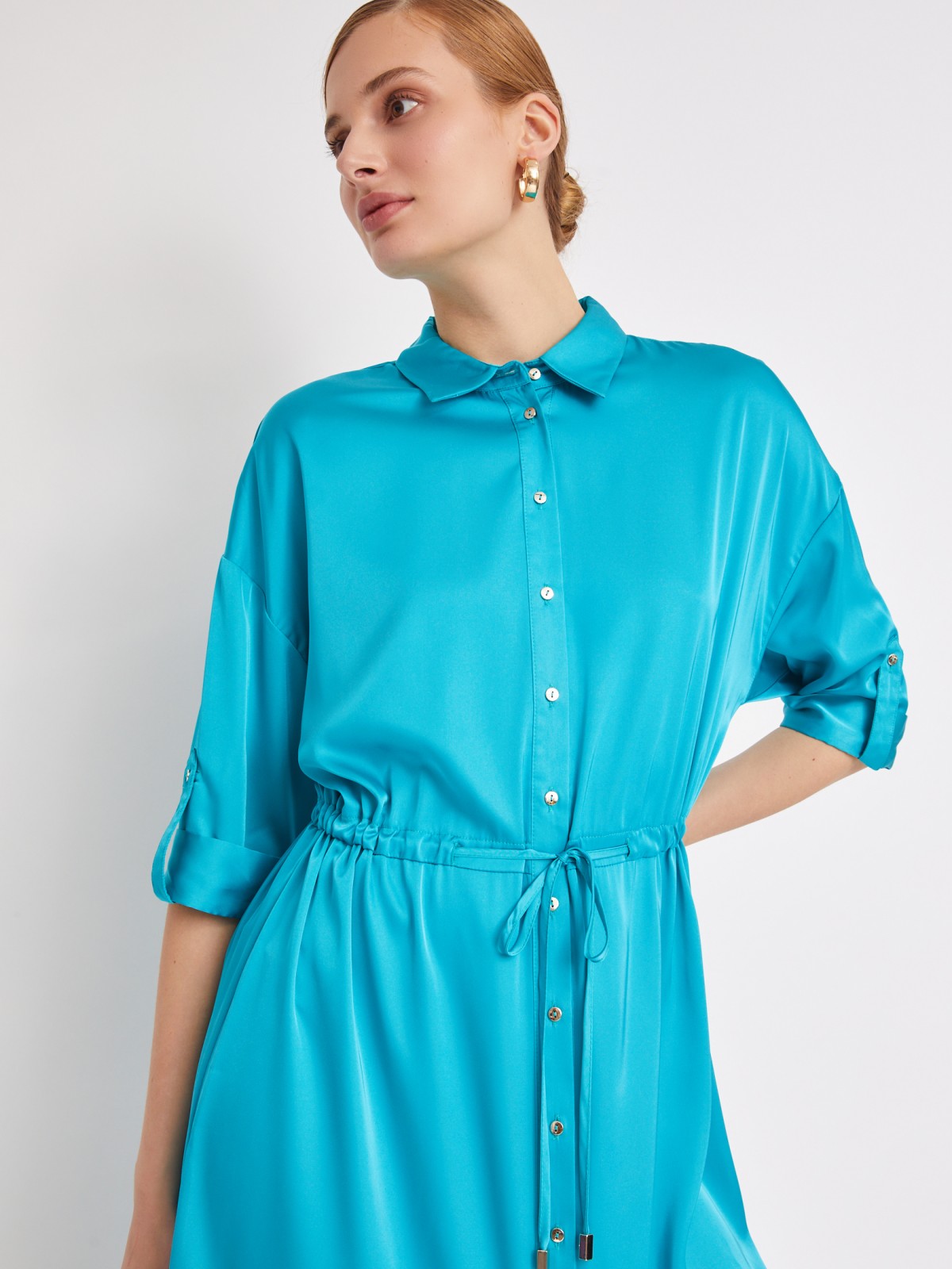 Платье рубашка 2024 фото Атласное платье-рубашка с кулиской 223218259111, цвет Бирюзовый, артикул 2232182