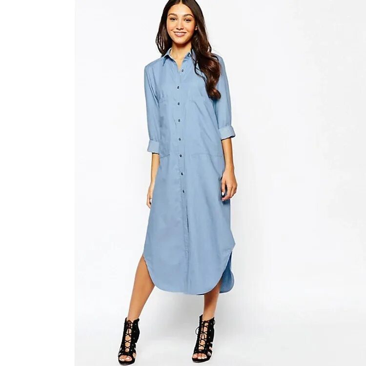 Платье рубашка фото Женское джинсовое платье-рубашка, длинное однобортное Платье макси с отложным во