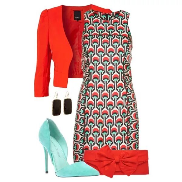 Платье с чем сочетать фото Голубые туфли, коричневое платье с красным узором, ярко-красный пиджак, красный 
