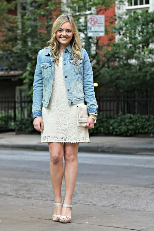 Платье с джинсовой курткой 2024 фото Sun Washed - bows & sequins Dress with jean jacket, Denim jacket outfit, Lace wh