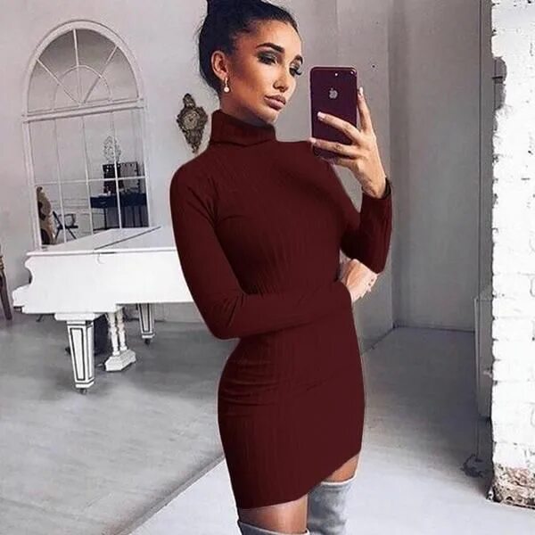 Платье с горлом фото 2019 Casual Turtleneck Long Sleeve Knitted Sweater High Elasticity Slim Bodycon 