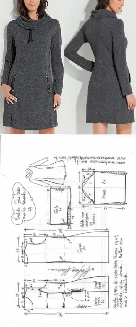Платье с капюшоном из футера выкройка Vestido gola boba para malha DIY - molde, corte e costura - Marlene Mukai Sewing