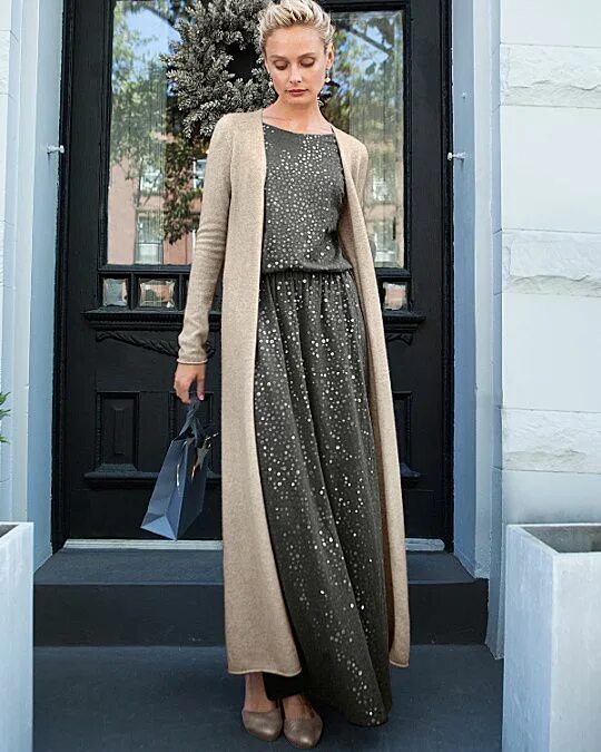 Платье с кардиганом фото Cashmere Duster. Indulgence. In gray heather. Maxi dress, Maxi dress outfit, Dre