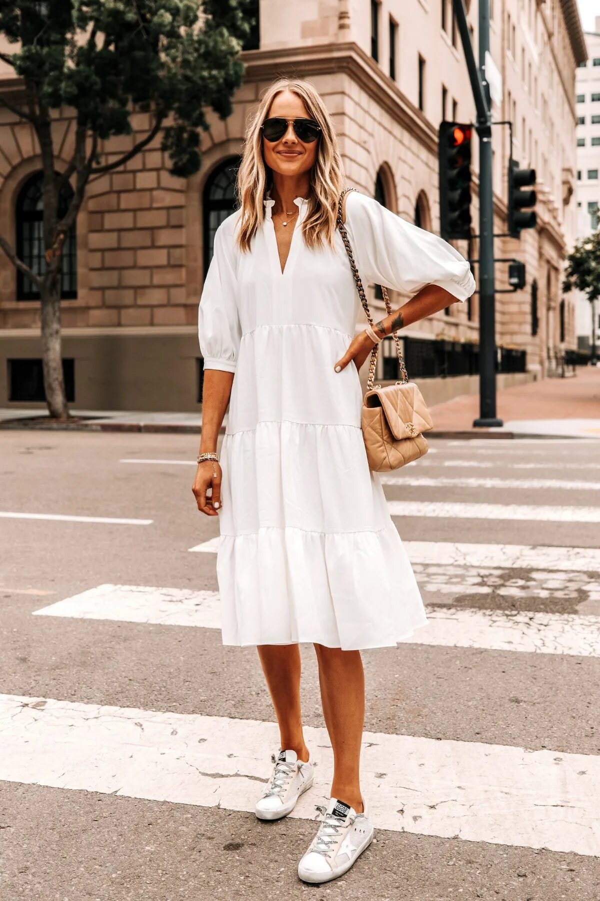Платье с кроссовками фото My Favorite Summer Outfit: Breezy White Midi Dress & Golden Goose Sneakers - Fas
