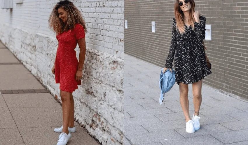 Платье с кроссовками фото Платье с кроссовками: как сочетать и носить наряды разных цветов и длины с кедам