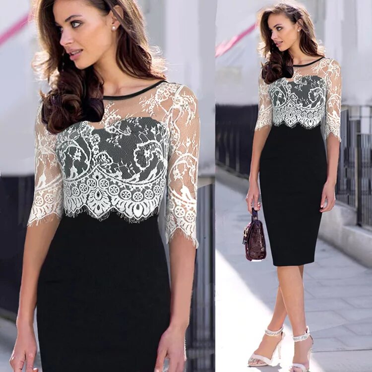Платье с кружевом фото Europe Women Lace Dress 2019 Summer New Black White Slim Retro Lace Patchwork Pa