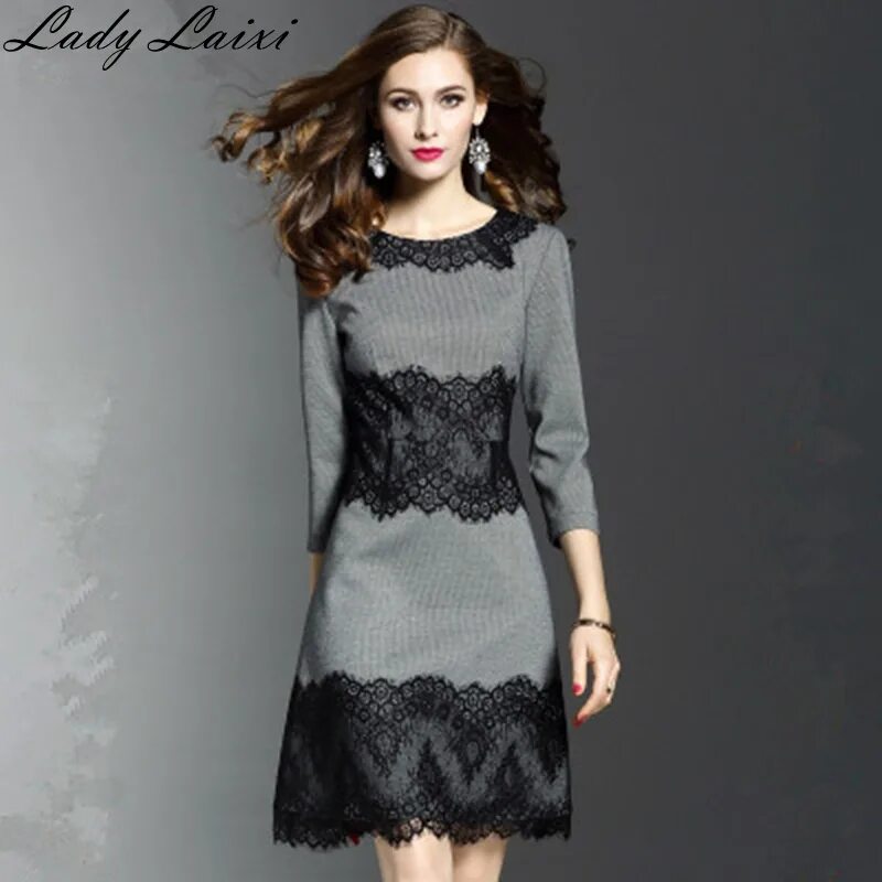Платье с кружевом фото 2018 Новая мода Демисезонный Для женщин высокое качество офисные элегантные круж
