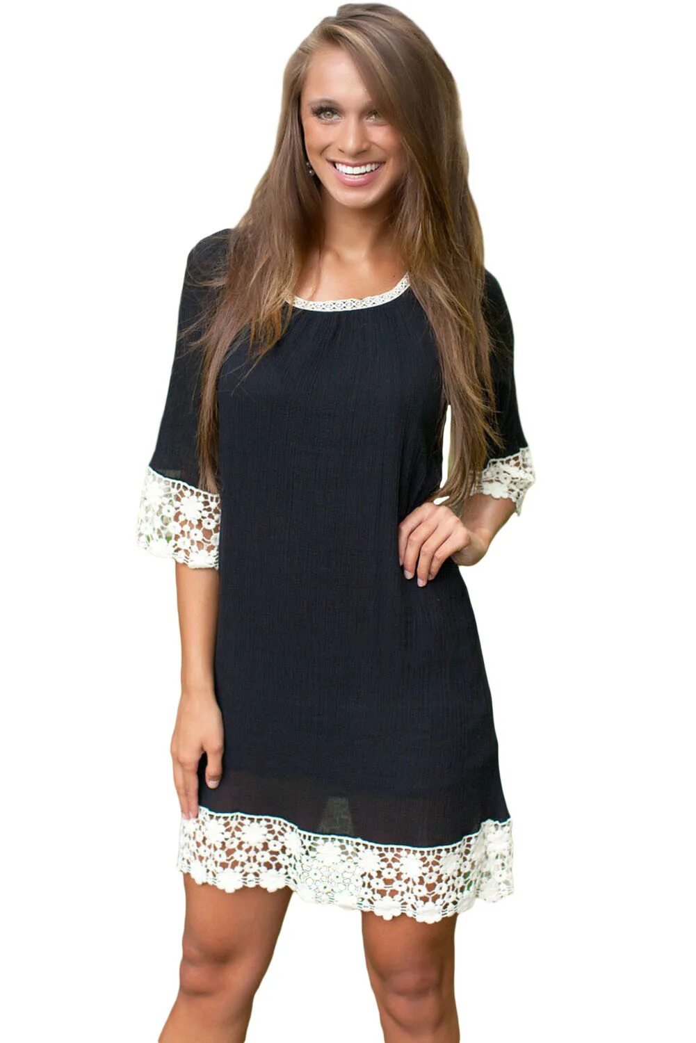 Платье с кружевом фото Черное платье мини А-силуэта с белым кружевом арт. 20092 интернет-магазин VitoRi