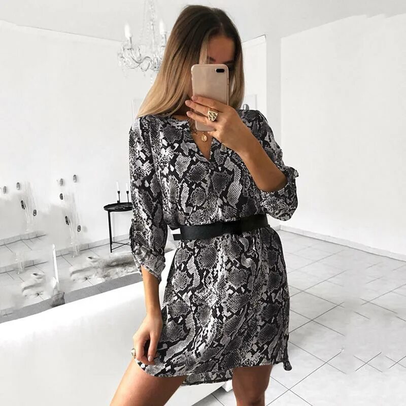 Платье с принтом змеиной кожи модные образы Женское осеннее модное платье с леопардовым принтом и змеиным принтом, повседнев