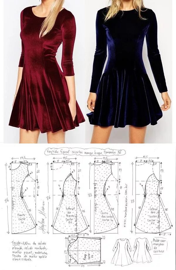 Платье с расклешенной юбкой выкройка Vestido Plush manga larga Clothing pattern design, Dress sewing patterns, Sewing