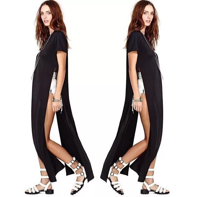 Платье с разрезами по бокам выкройка Shirt Dress Sexy Black White High Split Maxi Shirt Dress Split Black White Dress