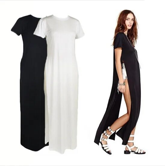 Платье с разрезами по бокам выкройка EAS Celebrity Sexy Women Shirt Dresses High Side Splits Maxi Long Tee Dress vest