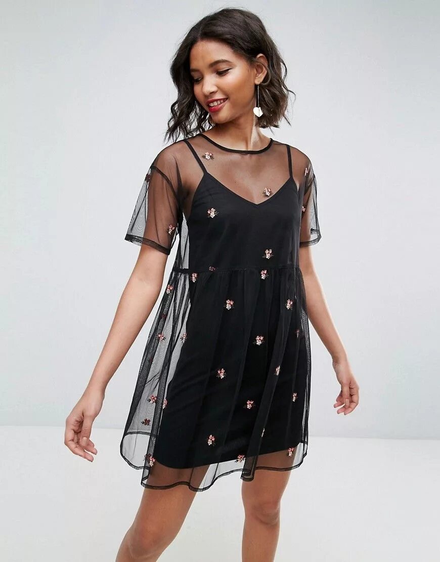 Платье сетка фото ASOS Mesh Smock Dress with Floral Embroidery - Black Moda, Roupas transparentes,