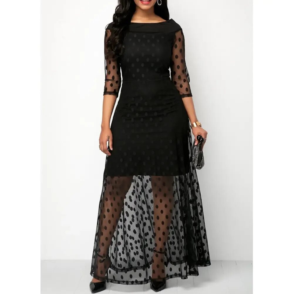 Платье сетка фото Женское длинное платье макси в горошек, летнее богемное пляжное платье для вечер