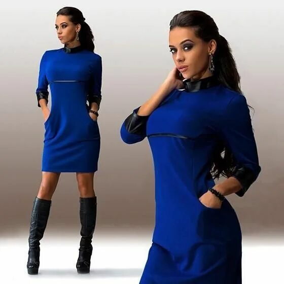 Платье синее фото с рукавами Blue Patchwork High Neck 3/4 Sleeve Mini Dress Mini dress with sleeves, Mini dre