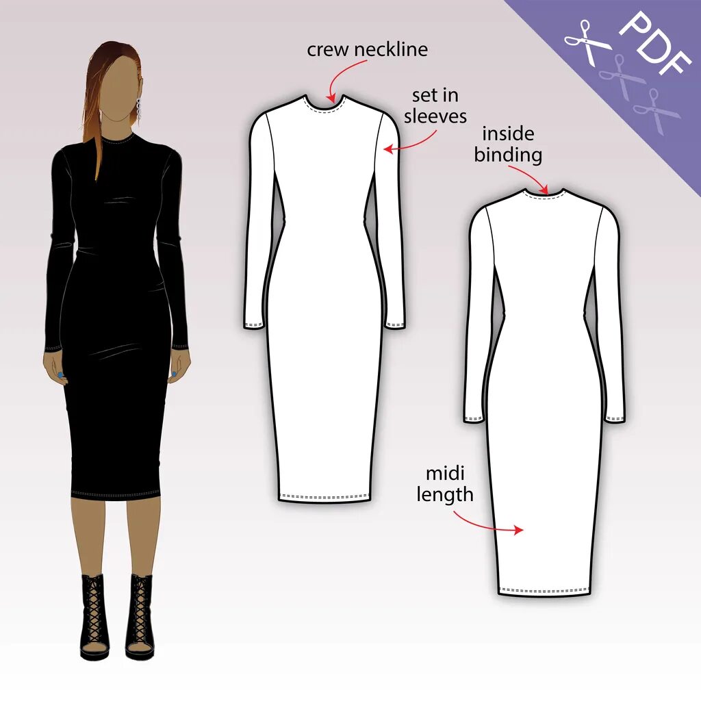 Платье со стойкой выкройка DR302 Bodycon dress with long sleeves PDF sewing pattern Kleidung, Kleidung für 