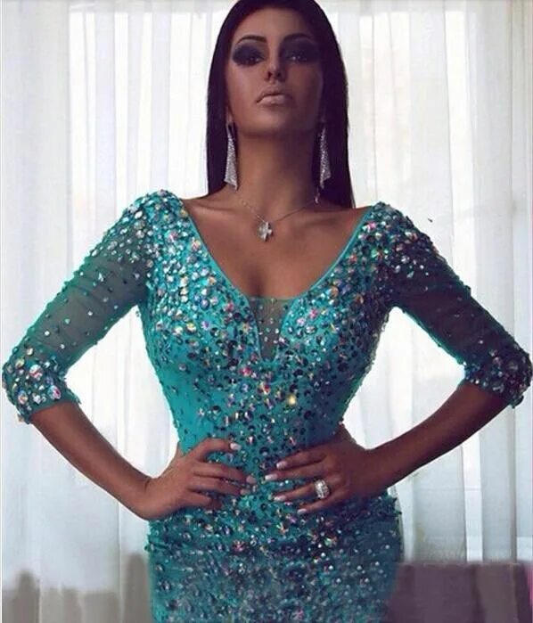 Платье со стразами фото Neue Ankunft Drei Viertel Ärmeln Gerade Cocktailkleider 2017 Scoop Perlen Krista